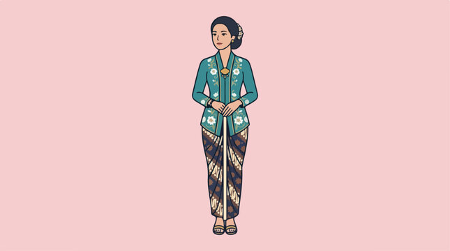 Indonesian woman wearing traditional green kebaya and batik sarong standing on pink background.
