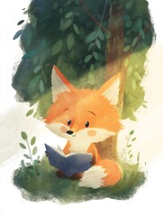 Naklejka premium Adorable Cartoon Fox Reading a Book in the Woods