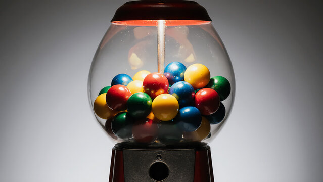 A front-facing, studio shot of a classic vintage gumball machine globe filled with colorful, glossy gumballs under a warm light spotlighting the glass container.