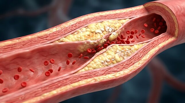 Close-up of clogged artery with plaque and blood clots