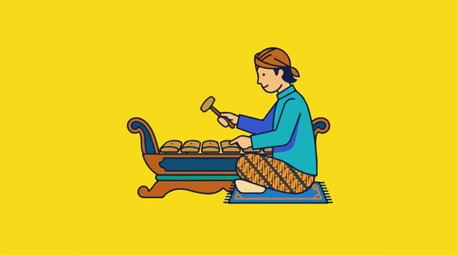 Javanese Man Playing Traditional Gamelan Instrument Illustration.
