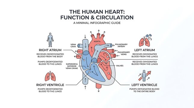 Human heart anatomy and circulation diagram with blood flow