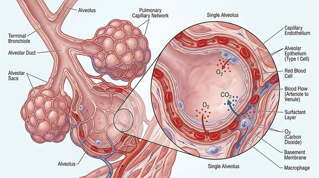 Human alveoli and bronchiole anatomy medical illustration