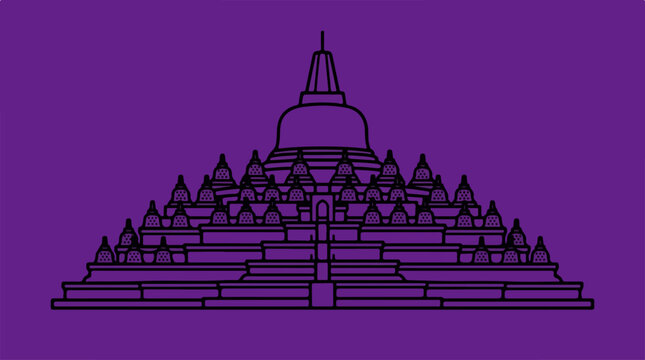 Minimalist Line Art Illustration of Borobudur Temple in Indonesia on Purple Background.