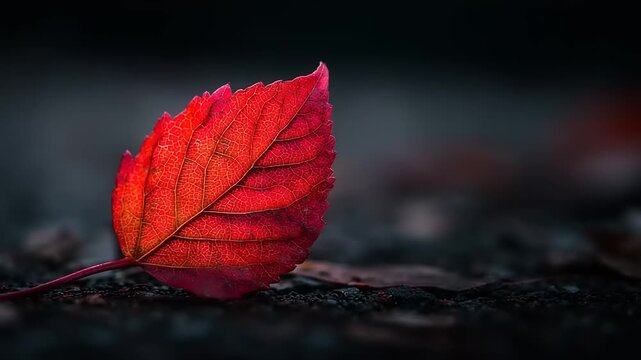 Vibrant Red Leaf on Dark Surface with Soft Background