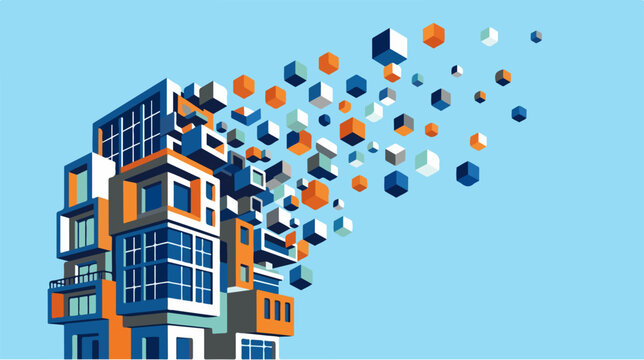 Modern architectural building dissolving into floating 3D cubes.
