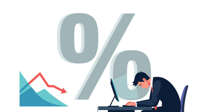 Stressed office worker sits at his desk overwhelmed by a giant percentage sign and a red downward arrow showing financial decline.