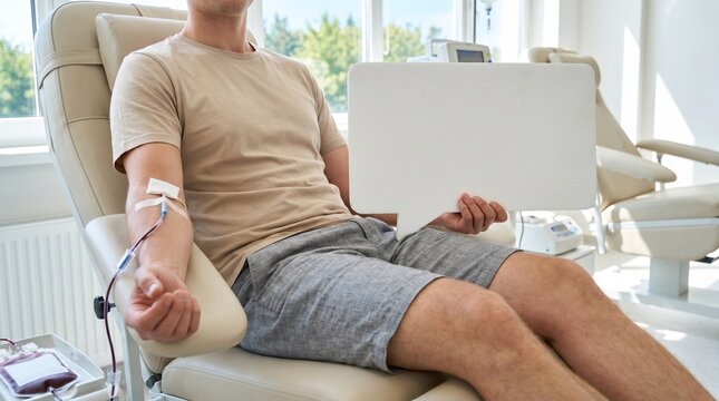 Concepto del D&iacute;a Mundial del Donante de Sangre: hombre an&oacute;nimo donando sangre que sostiene una maqueta de bocadillo de di&aacute;logo en blanco en una cl&iacute;nica