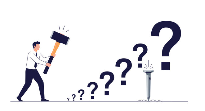 Confident businessman uses a large wooden mallet to drive various question marks into the ground like nails to find firm answers.