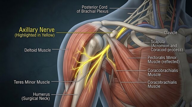 Anatomy of the human shoulder showing axillary nerve detail