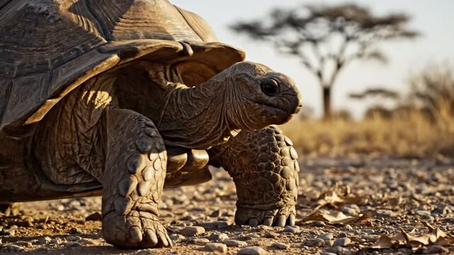 Low-Angle Close-Up of a Giant Tortoise Walking on a Gravelly Road with a Tree in the Background during Daytime