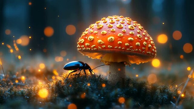 Vibrant Red Mushroom with Beetle in Enchanted Forest