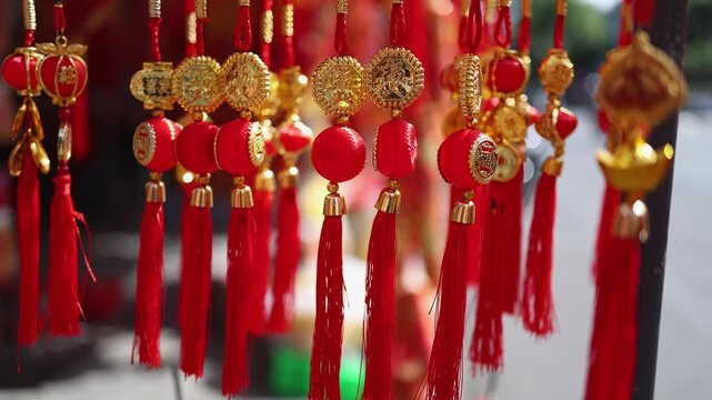 Traditional Vietnamese Tet holiday decoration close up. Red and golden lucky feng shui charms with oriental coins and tassels for Lunar New Year at a street market in Nha Trang, Khanh Hoa, Vietnam.