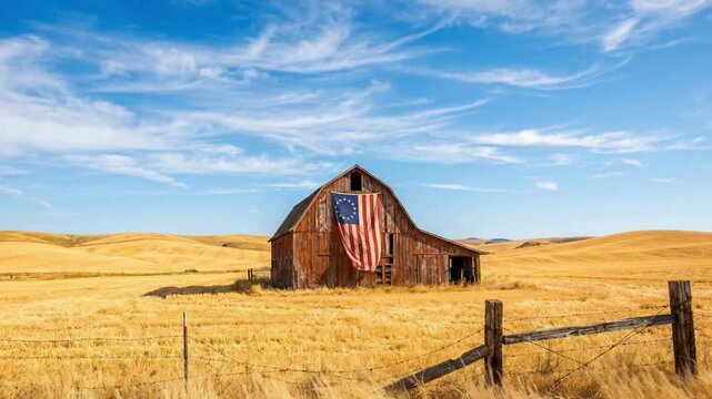 Old barn with american flag in a rural landscape with rolling hills and blue sky