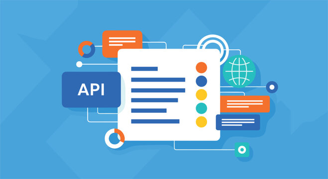 Illustration of API integration concept with document and interface icons on blue background.