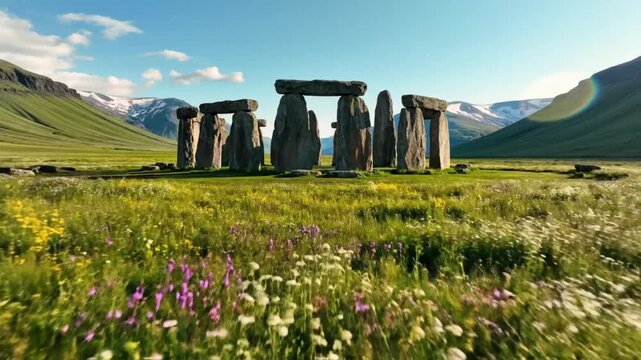 Stonehenge standing in a field of wildflowers with mountains in the background under a blue sky