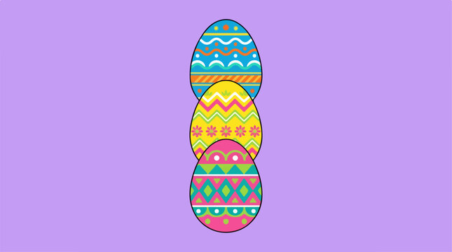 Three Colorful Decorated Easter Eggs Stacked Vertically on Purple Background.