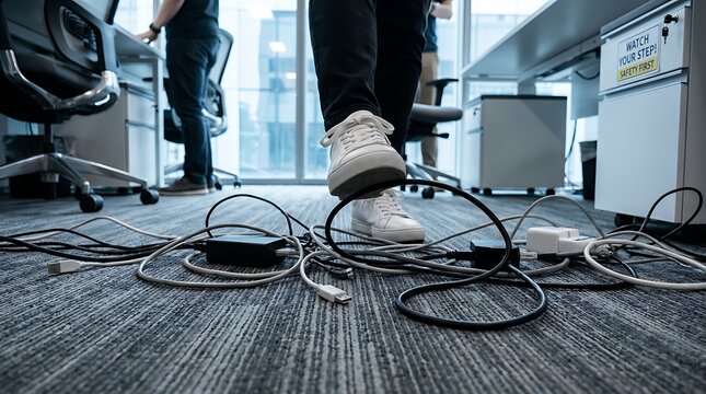 Person walking on office floor with many power cables and extension cords creating tripping hazard risk.
