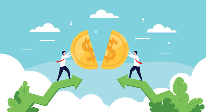 Two businessmen holding halves of large gold coin together while standing on green growth arrows for successful partnership.