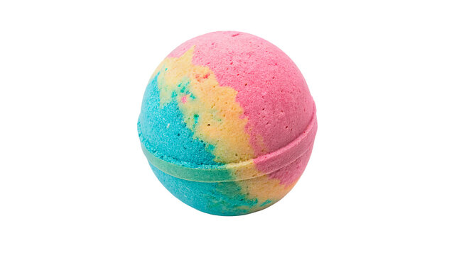 A colorful round vibrant rainbow bath bomb fizzy ball sphere cosmetic wellness product isolated on transparent background