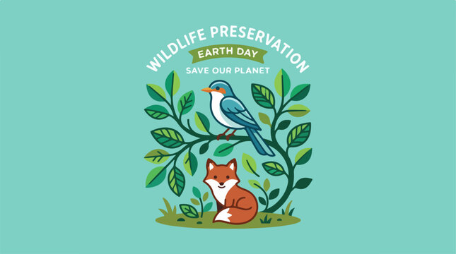 Wildlife preservation Earth Day illustration with fox and bird.