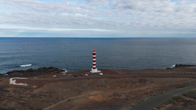 Faro de Punta Sardina Lighthouse Aerial Zoom, Gran Canaria Coast, Spain