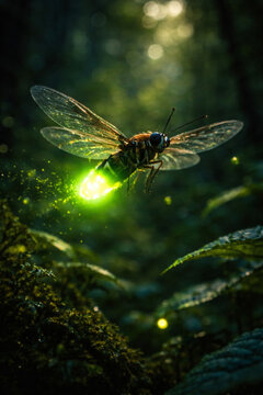 Flying firefly emitting a bright neon green luminescent light in a dark enchanted forest for wildlife concept