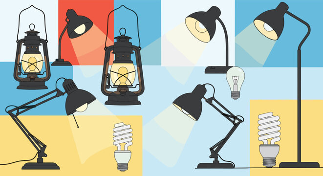 Collection of various lighting fixtures including desk lamps, lanterns, light bulbs, and energy saving spiral bulbs in an illustrative set.