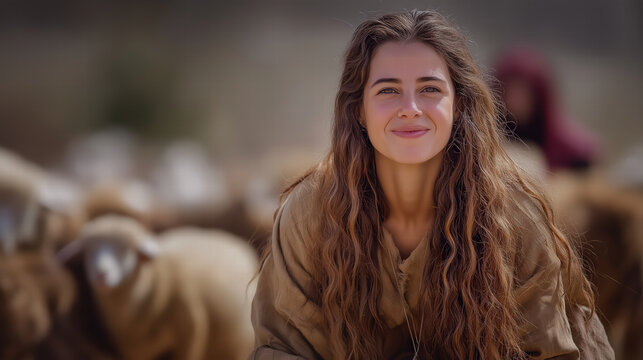 Rachel tending to her sheep, biblical pastoral scene of care, daily life, and devotion, serene and natural countryside setting