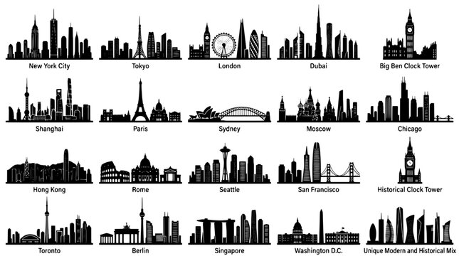 City skylines set with iconic landmarks from major cities worldwide featuring Tokyo, London, Dubai with Big Ben Clock Tower and Shanghai elements for