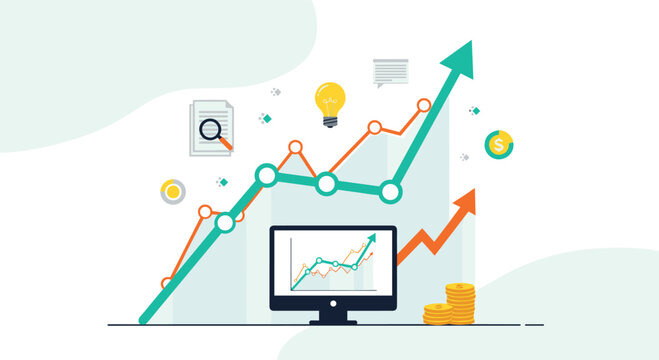 Business growth chart and computer monitor with increasing graph, symbolizing success and profit.