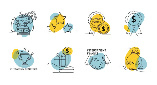 Gamification marketing icons set, loyalty points and rewards program vector elements, interactive challenges and financial bonus symbols for business