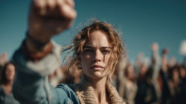 Determined young woman raising her fist during a peaceful outdoor protest with a blurred crowd in the background
