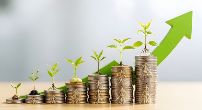 Financial growth through sustainable investment. Green economy and environmental funding. Stacks of silver and gold coins with plants growing roots inside them and an upward arrow