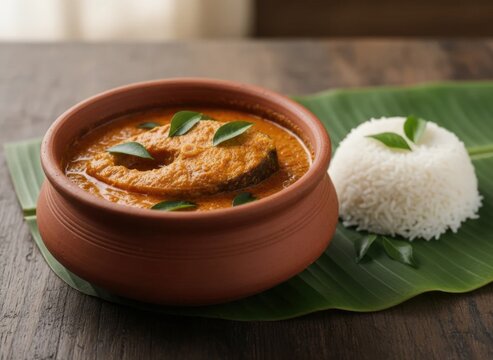 Authentic Kerala-style fish curry served in a traditional rustic clay pot, vibrant spicy orange-red coconut gravy with a thick kingfish steak and fresh green curry leaves