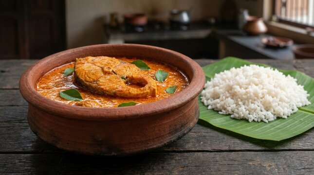 Authentic Kerala-style fish curry served in a traditional rustic clay pot, vibrant spicy orange-red coconut gravy with a thick kingfish steak and fresh green curry leaves