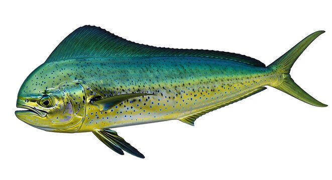 Mahi mahi fish portrait on white background vibrant colors detailed scales commercial use