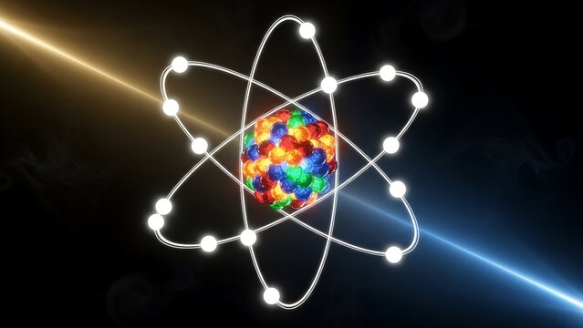 Atomic Structure Illustration with Electrons Orbiting Nucleus.