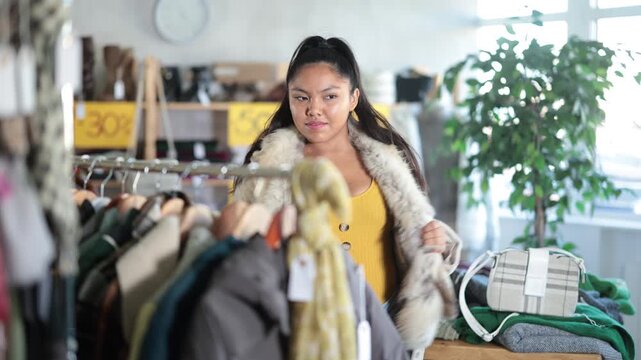 Positive woman tries on a fashionable fur coat in a fashionable clothing store. High quality 4k footage