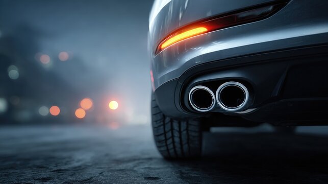 Dual exhaust pipes of a luxury sports car on a foggy city street at night
