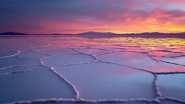 Vibrant sunset over a salt flat with cracked surface