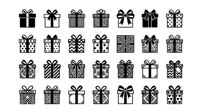 Gift boxes icons set with monochrome bow ribbon designs for holiday cards, marketing banners and gift-themed graphics