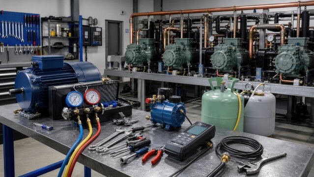 Workshop setup showing tools, refrigeration equipment, gauges, and motors in an industrial space during working hours