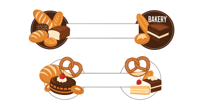 Set of bakery brand labels featuring various bread types, chocolate cakes, and pretzels on circular and rectangular banners.