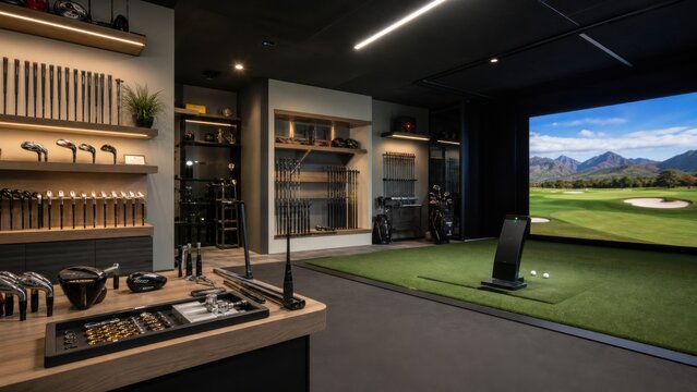 Golf club fitting room with simulator and various equipment in a modern space for indoor training and practice
