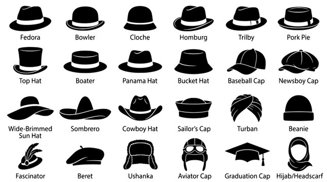 Hats icon set featuring fedora, bowler, cloche, homburg, trilby, top hat, panama hat, bucket, beanie, and graduation cap