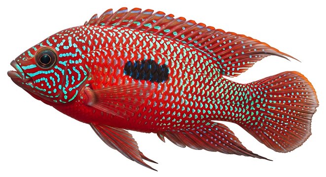 Red jewel cichlid portrait a vibrant freshwater fish isolated on white background