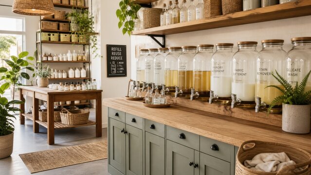 Refill station in a store with various jars and natural products for an eco-friendly shopping experience in a bright, open space