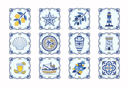 Amalfi Coast Classic Cobalt Majolica Ceramic Vector Icon Set, 12 Traditional
Southern Italy Symbols in Blue and White Tile Style for Restaurant Branding