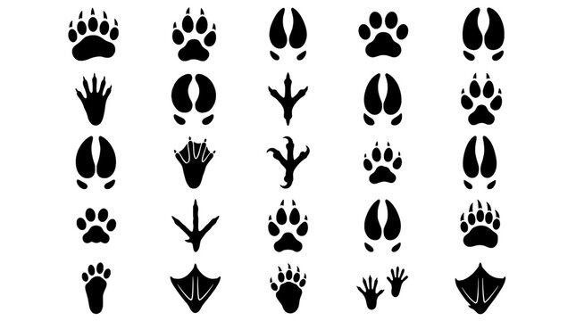 Paw print icon set with flame and hand silhouettes arranged in neat grid for animal tracking and pet logos